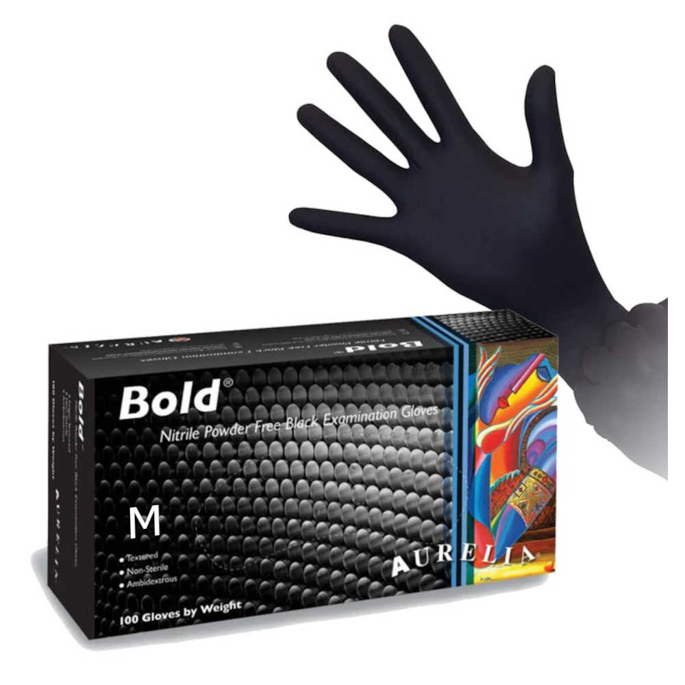 Aurelia Hair Colouring Black Nitrile Gloves - Medium - Disposable Powder Free Textured Gloves - 100 per box