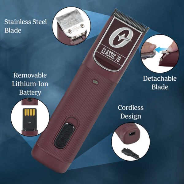Cordless Oster Classic 76 Hair Clippers - High Power Brushless Motor - With Removable Battery