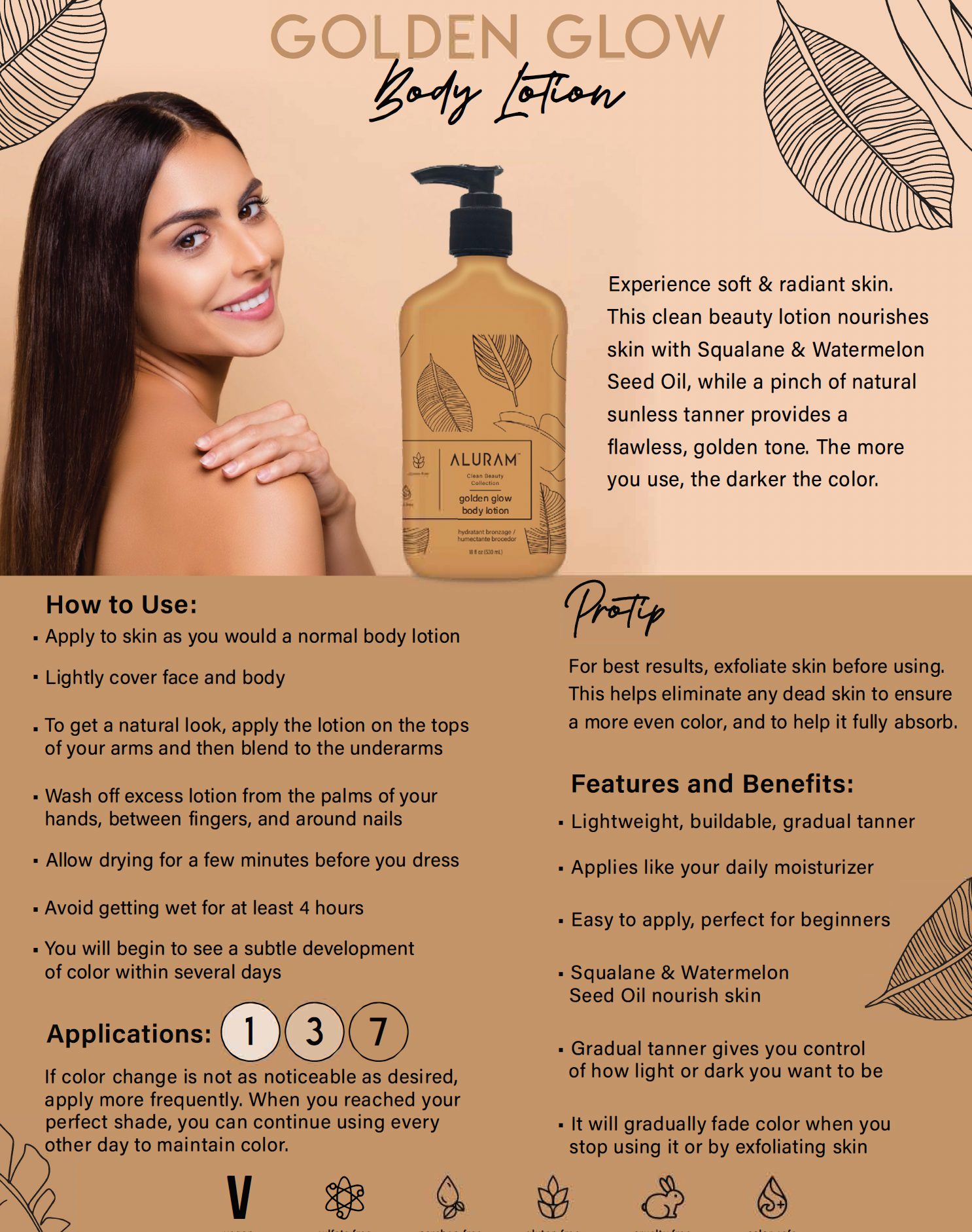 Aluram Golden Glow Body Lotion 18 oz. - 530 mL Skin Moisturizer & Natural Sunless Tanner