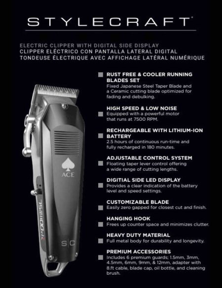 StyleCraft ACE Cordless Metal Clipper with Digital Display