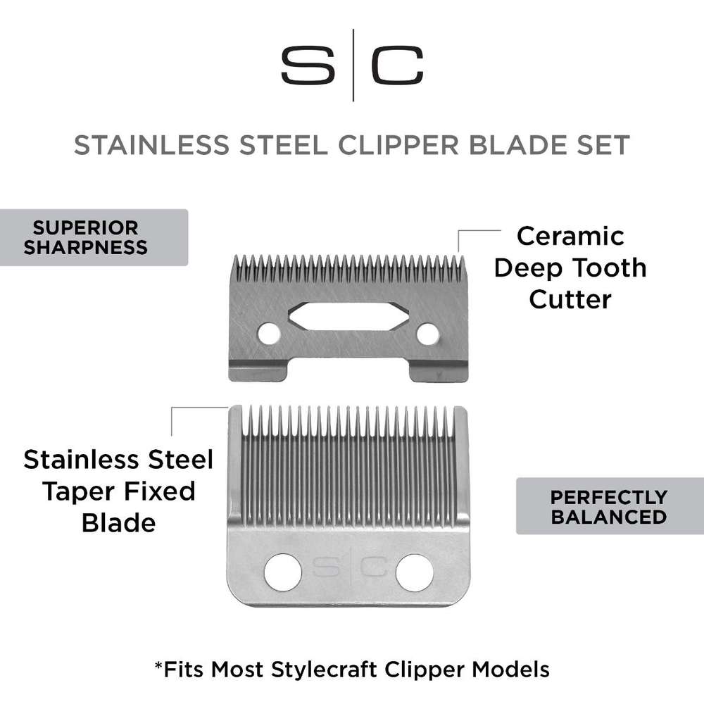 StyleCraft REPLACEMENT STAINLESS STEEL FIXED TAPER CLIPPER BLADE WITH CERAMIC MOVING BLADE SET